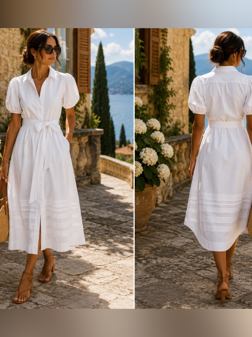 NWT Romantic White Puff Sleeve Midi Shirt Dress Designer Quiet Luxury Summer S